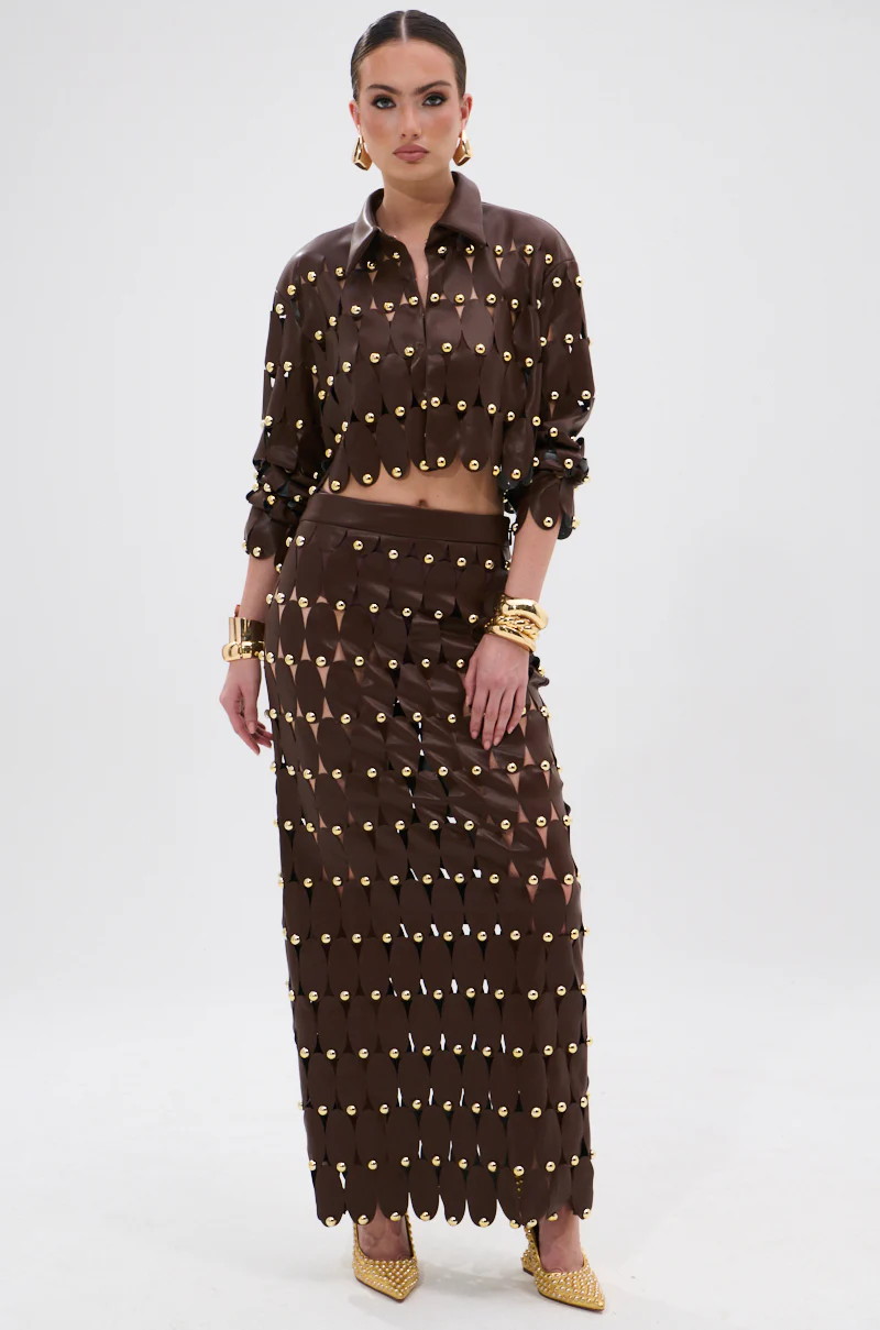 SNEAK PEEK STUDDED PU CROP CARDIGAN IN BROWN - Image 7