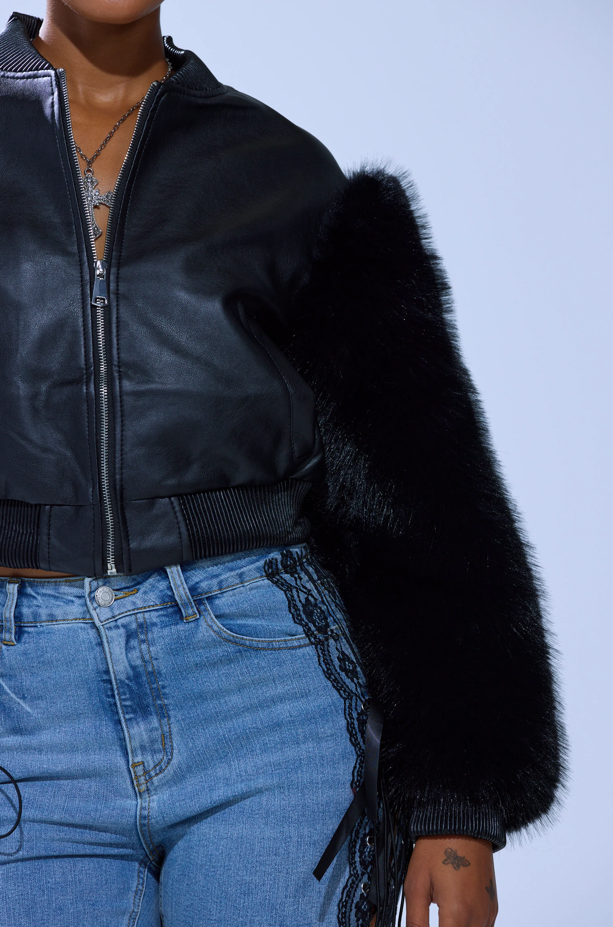 SO GOOD IT HURTS FUR SLEEVE BOMBER IN BLACK - Image 8