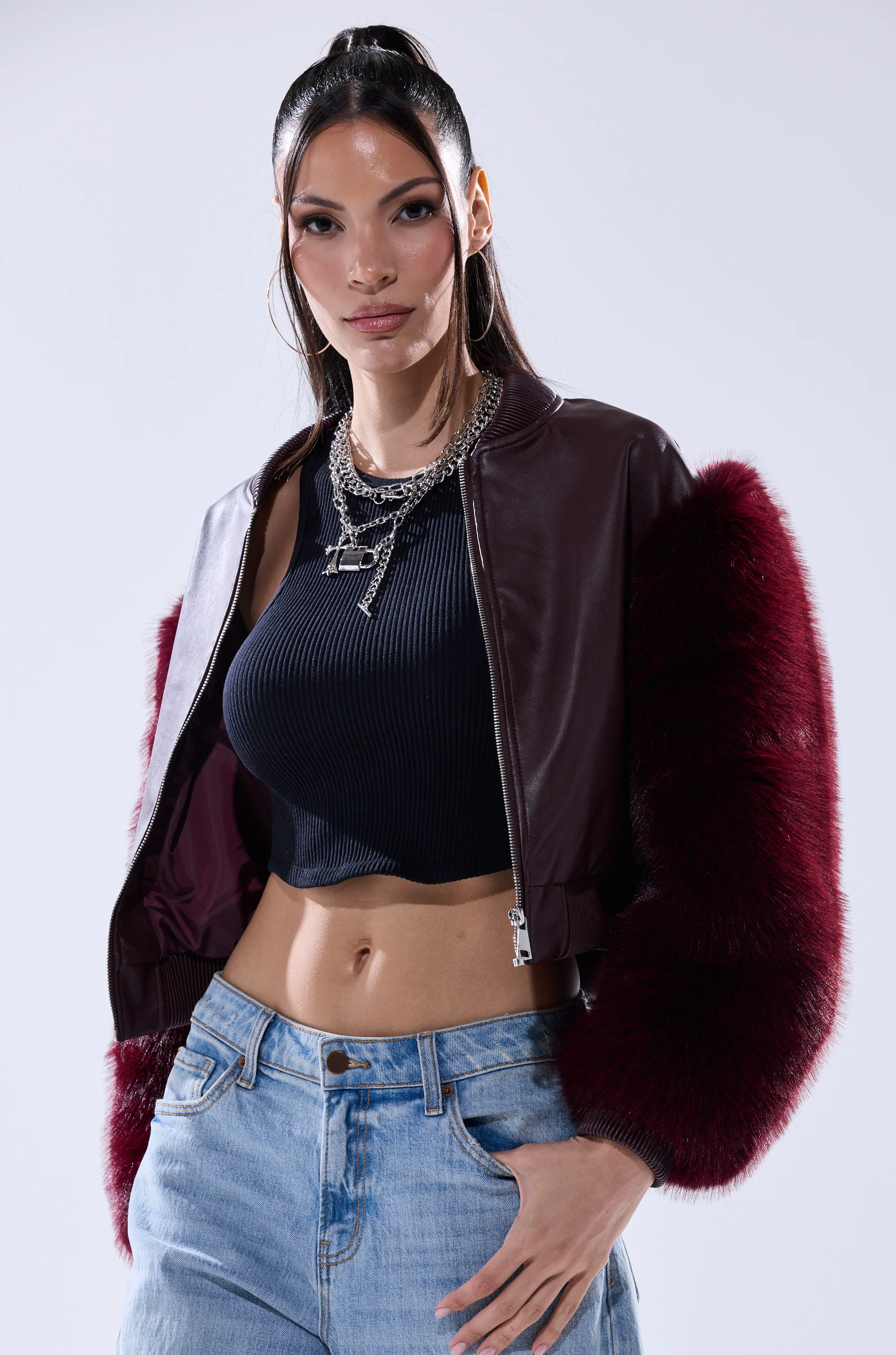 SO GOOD IT HURTS FUR SLEEVE BOMBER IN BURGUNDY - Image 5