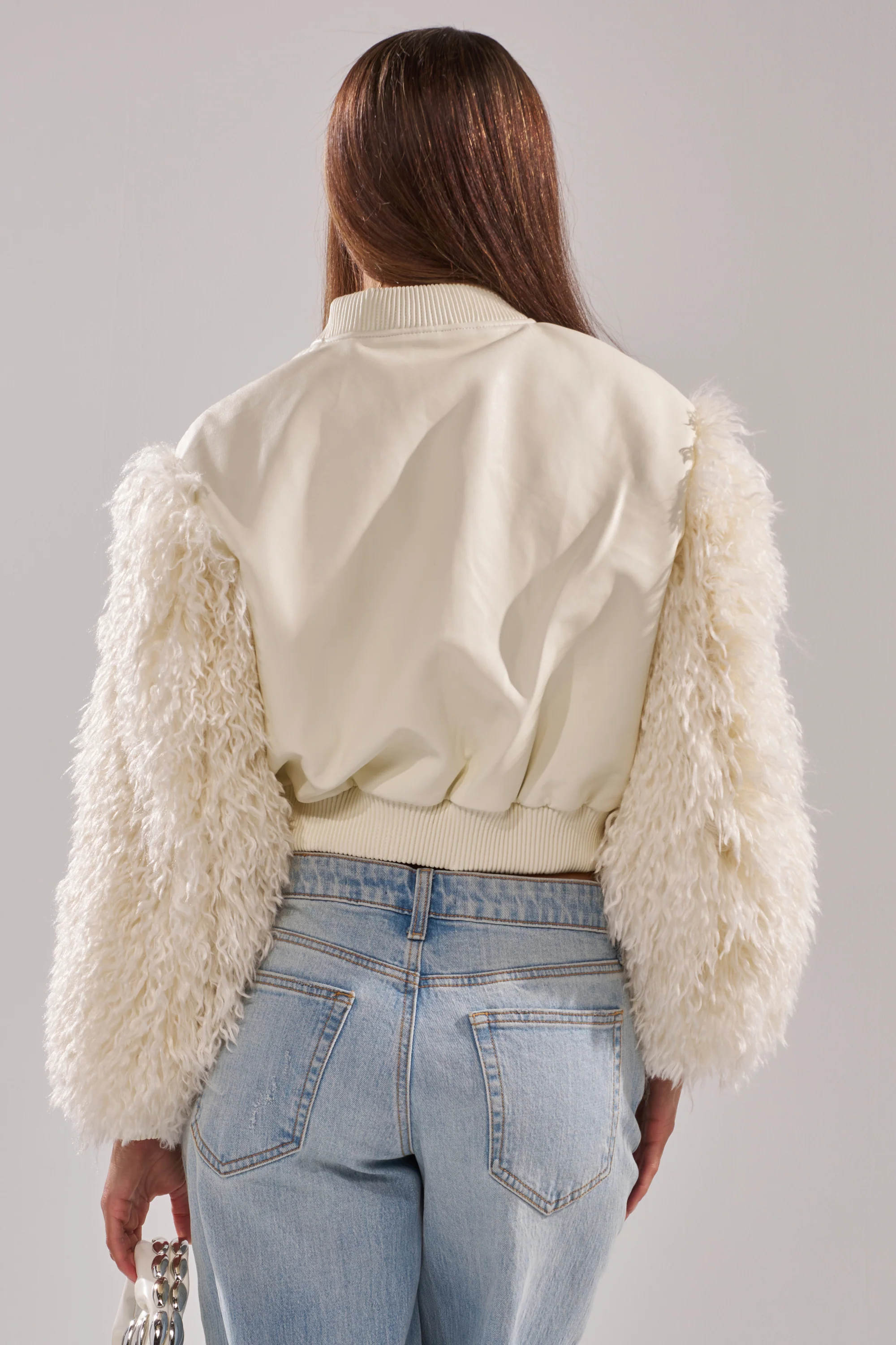 SO GOOD IT HURTS FUR SLEEVE BOMBER IN IVORY - Image 7