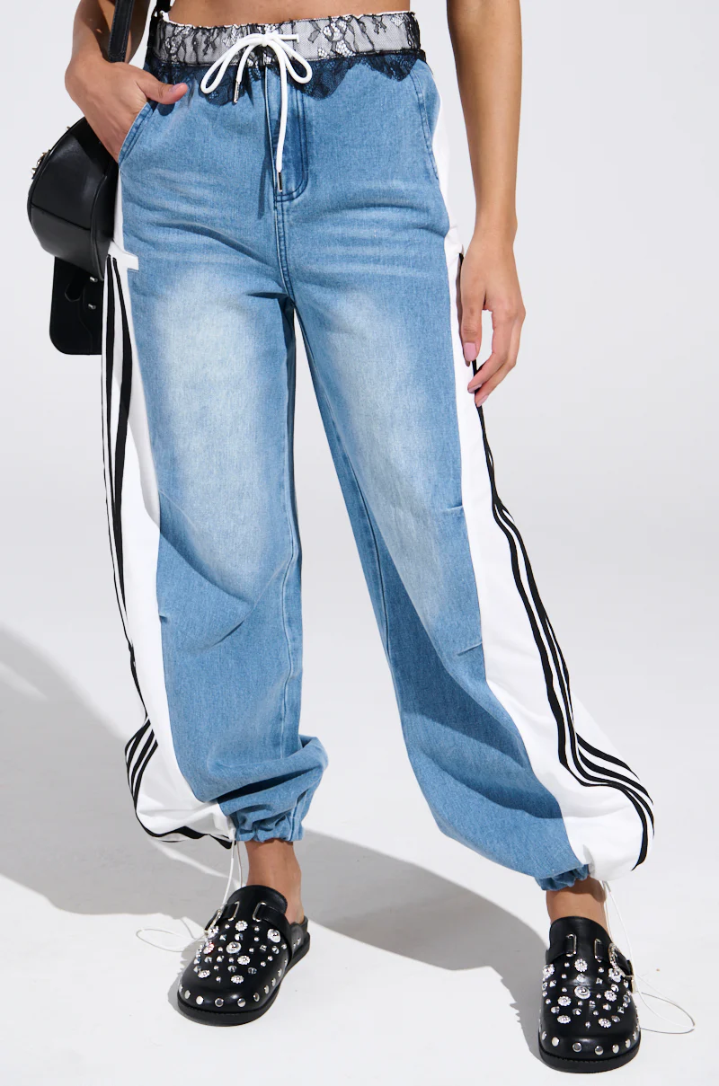 SPORTY AND SWEET LIGHT WASH DENIM TRACK PANTS - Image 4