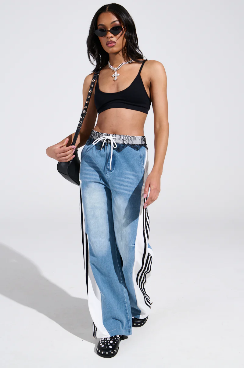 SPORTY AND SWEET LIGHT WASH DENIM TRACK PANTS - Image 9
