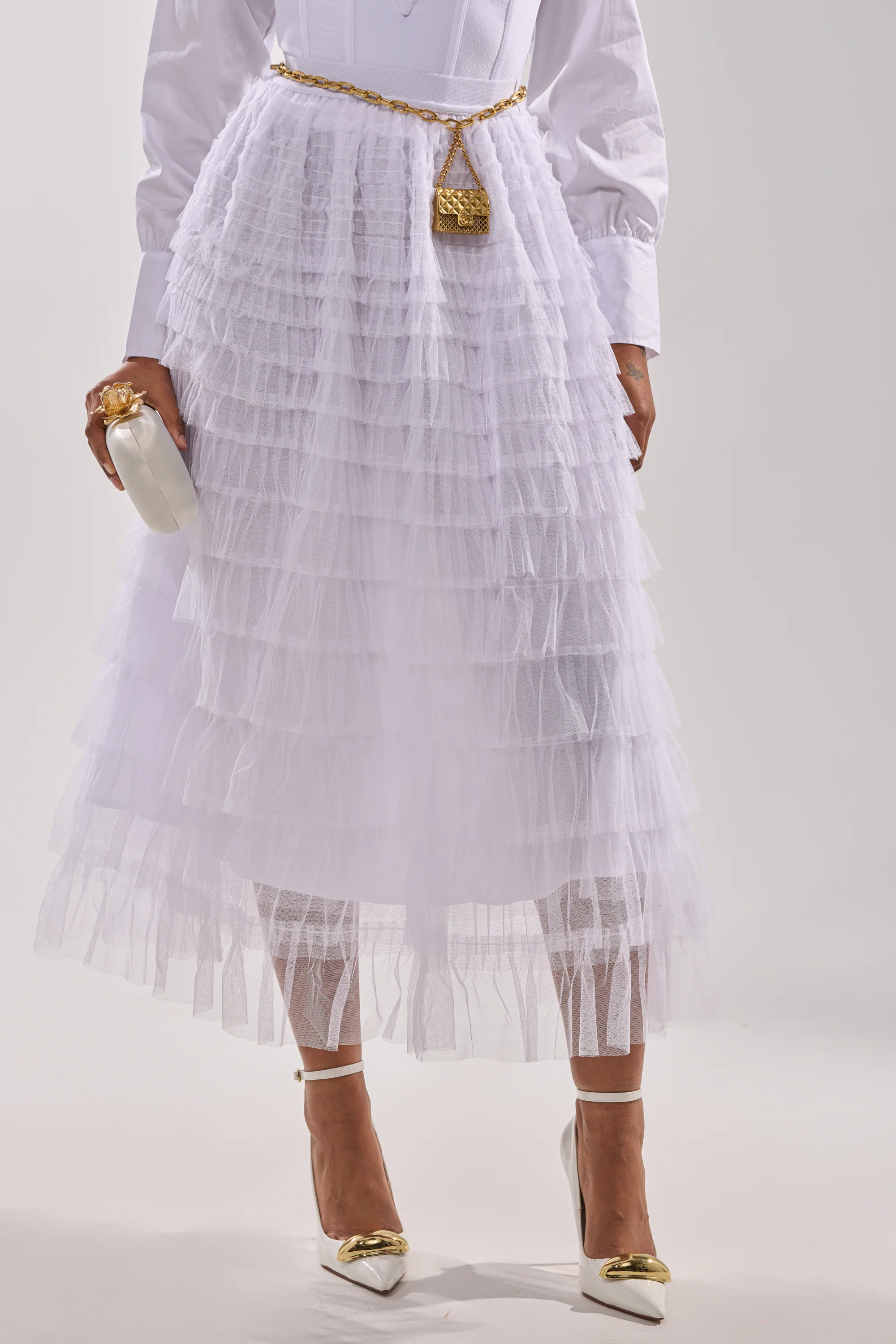 STARS ALIGNED MESH RUFFLE MAXI SKIRT IN WHITE