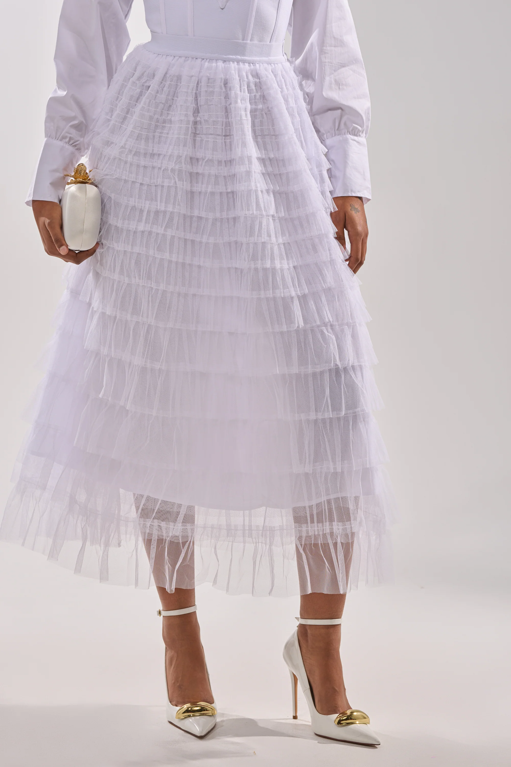 STARS ALIGNED MESH RUFFLE MAXI SKIRT IN WHITE - Image 2