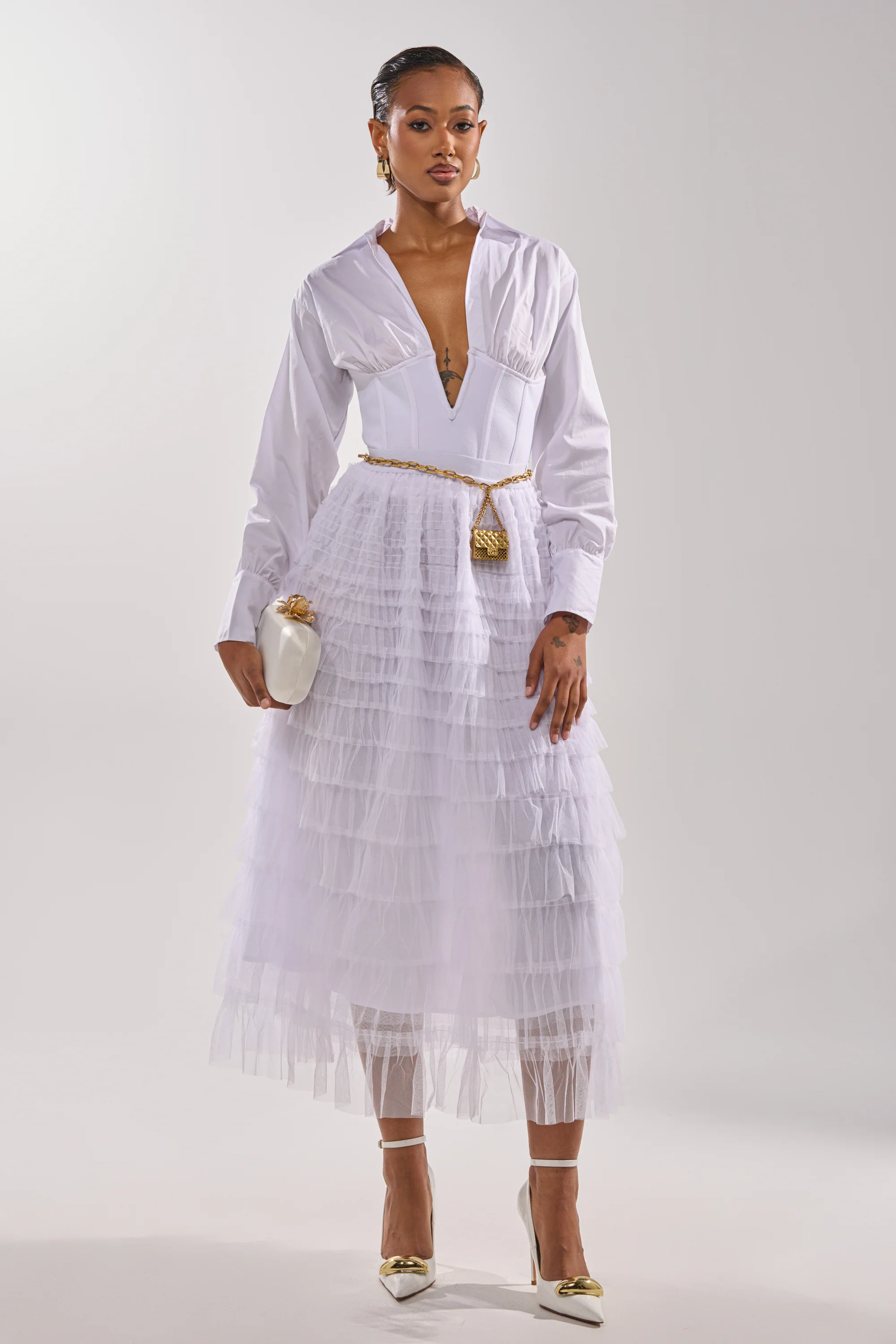 STARS ALIGNED MESH RUFFLE MAXI SKIRT IN WHITE - Image 5