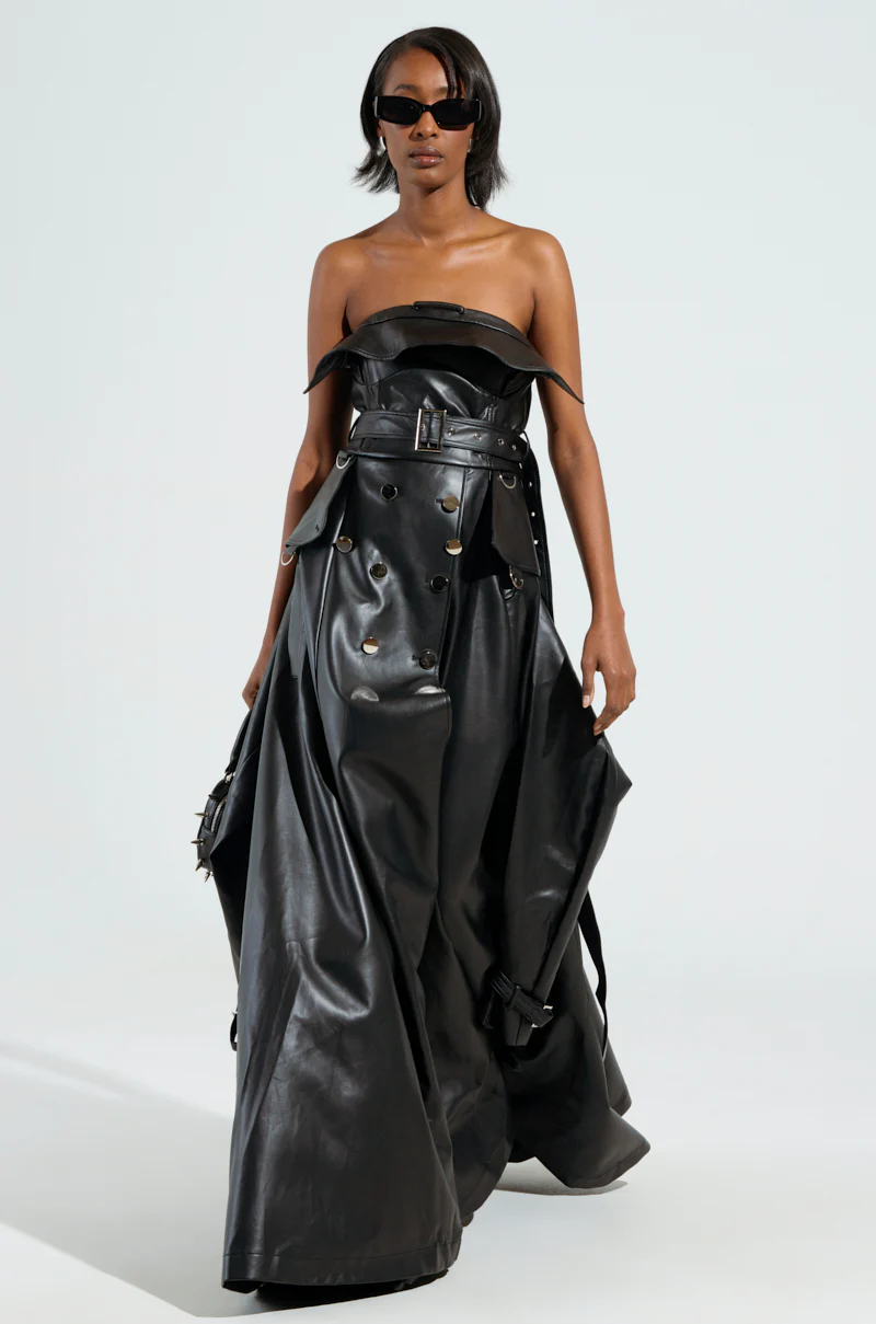 STRAPLESS TRENCH MAXI DRESS IN PU - Image 2