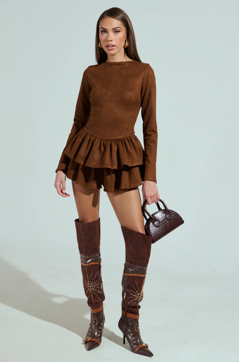 SUEDE RUFFLE LONG SLEEVE ROMPER - Image 5