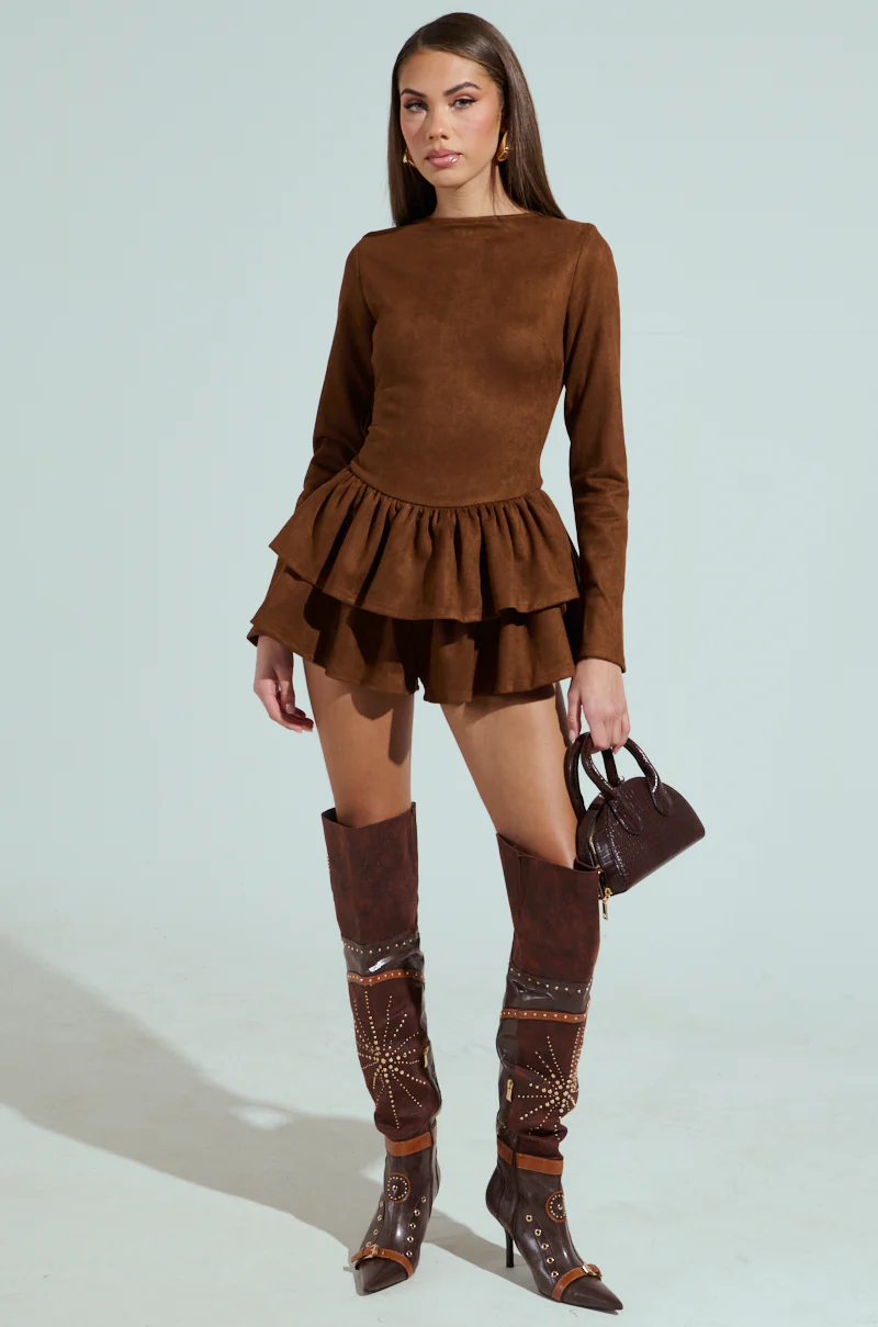 SUEDE RUFFLE LONG SLEEVE ROMPER - Image 6