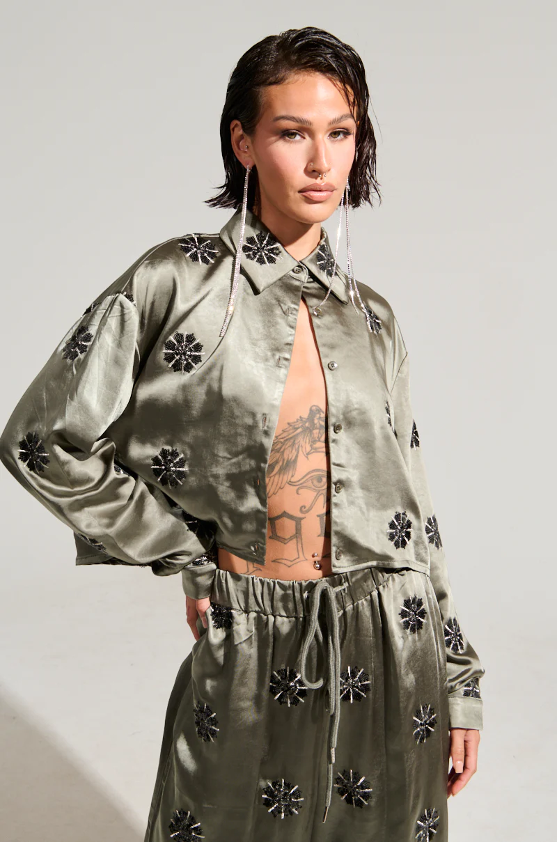 SUNSET DREAMS SATIN BUTTON DOWN TOP IN SAGE - Image 2