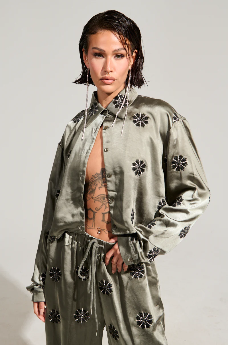 SUNSET DREAMS SATIN BUTTON DOWN TOP IN SAGE - Image 3