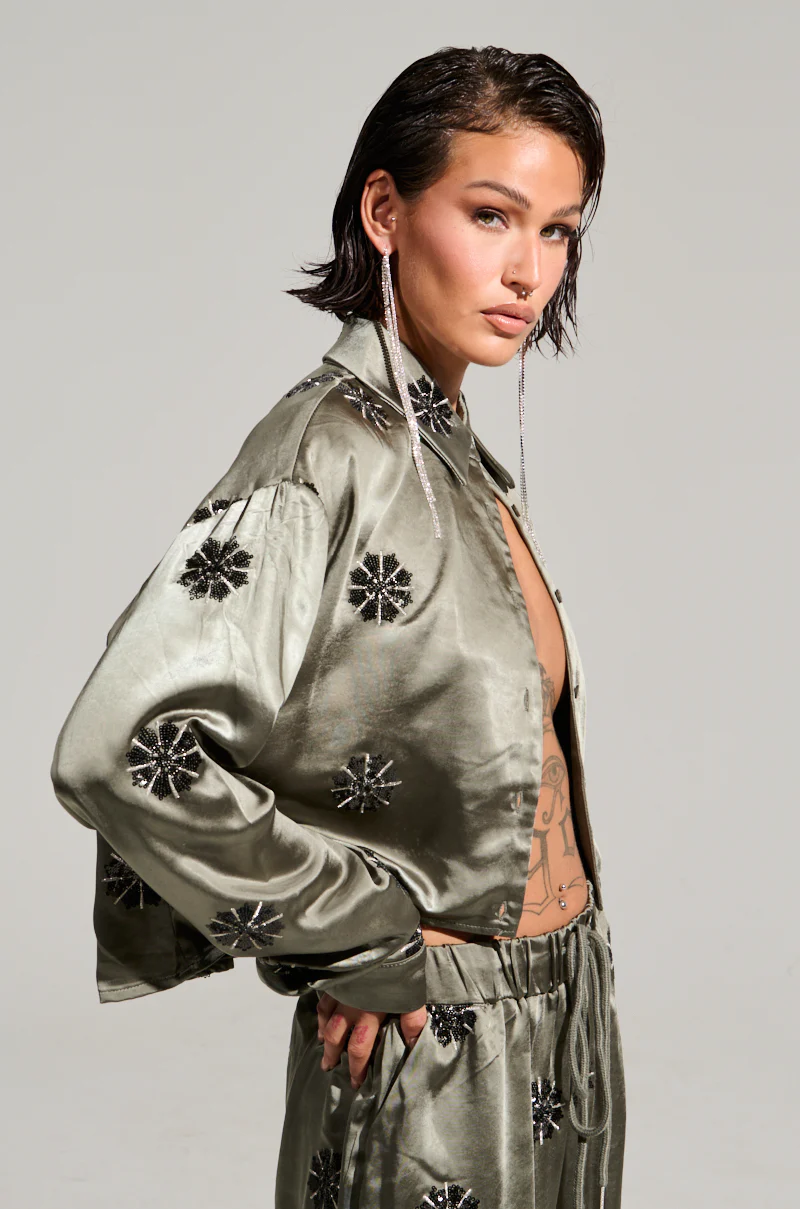 SUNSET DREAMS SATIN BUTTON DOWN TOP IN SAGE - Image 4