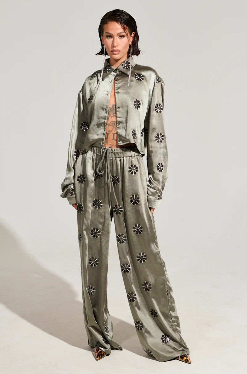 SUNSET DREAMS SATIN BUTTON DOWN TOP IN SAGE - Image 7