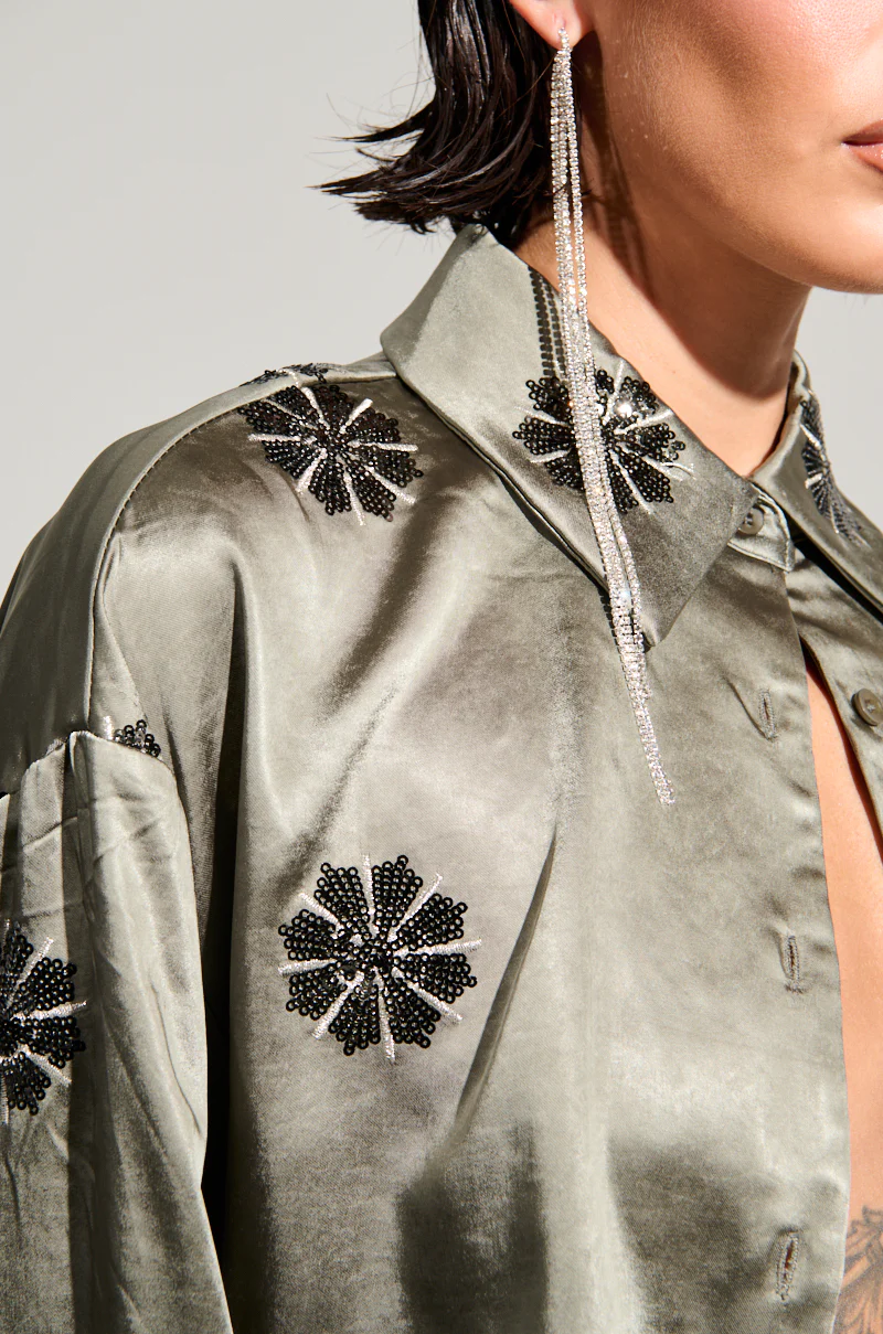 SUNSET DREAMS SATIN BUTTON DOWN TOP IN SAGE - Image 9