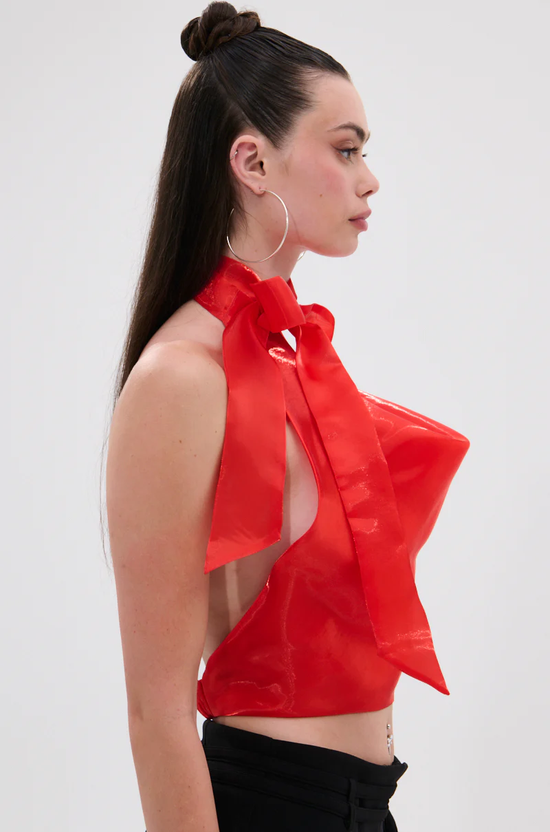 SUNSHINE COWL NECK SATIN BLOUSE IN ORANGE - Image 3