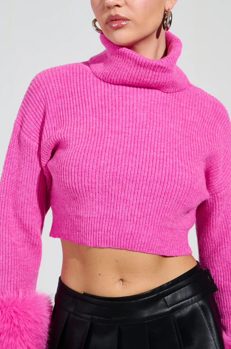 SYDNEY FUR CUFF CROPPED SWEATER IN HOT PINK - Image 10