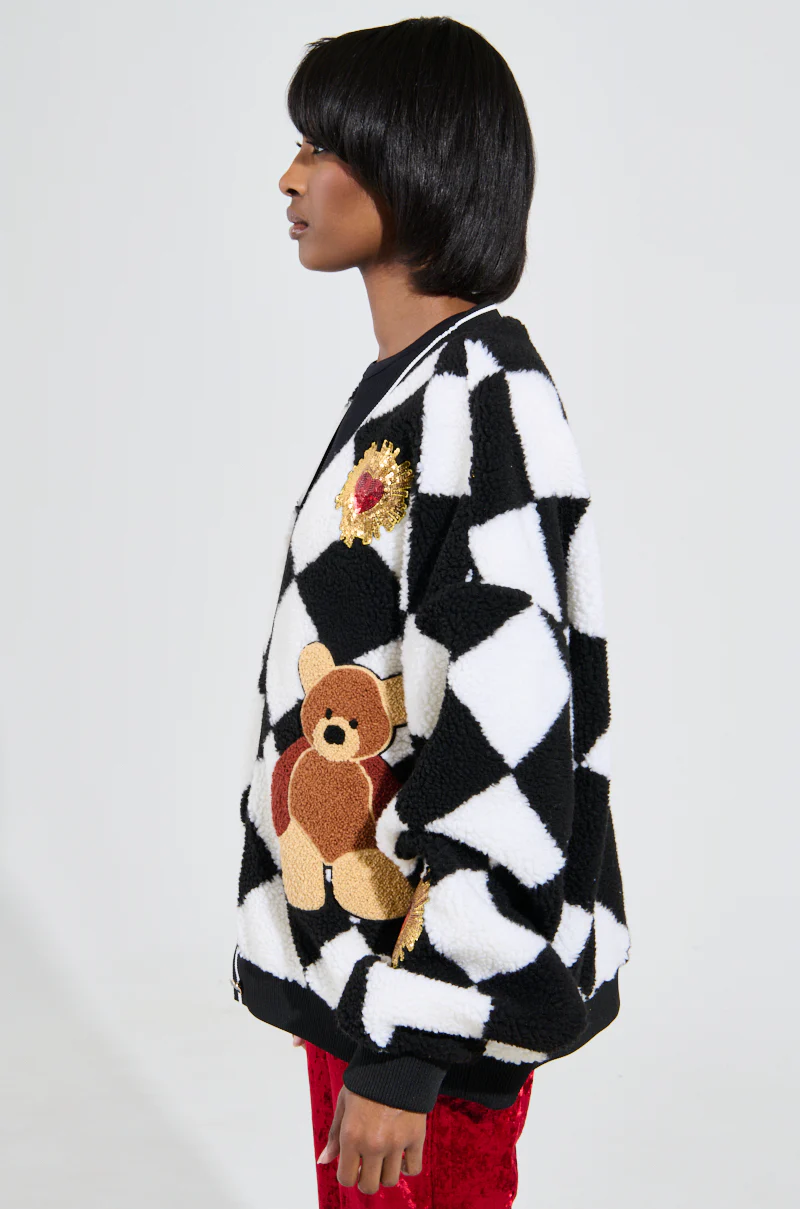 TEDDY BEAR CUTE CHECKERED BUTTON DOWN CARDIGAN - Image 3