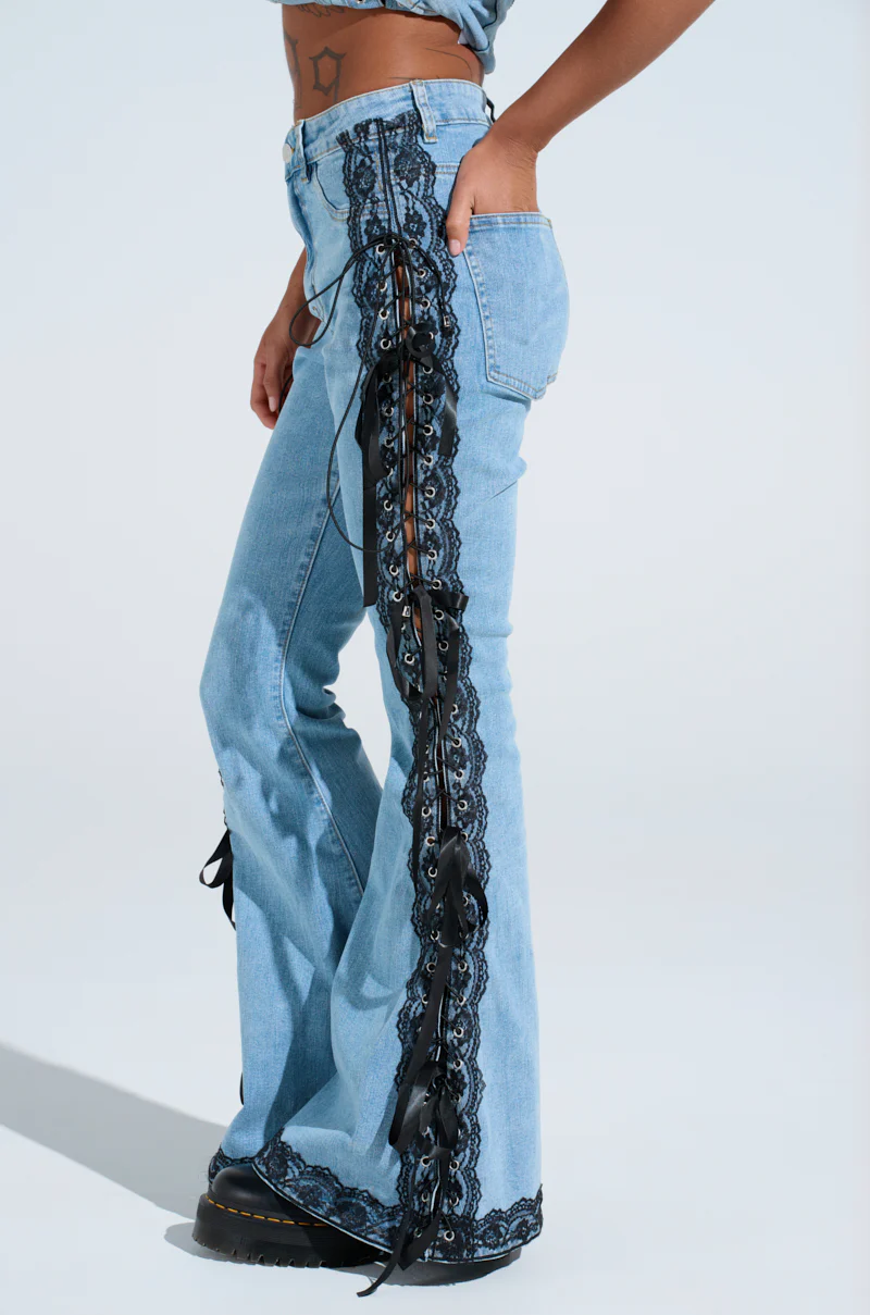 TICKED AND TIED LACE AND BOW DETAIL DENIM PANTS - Image 5