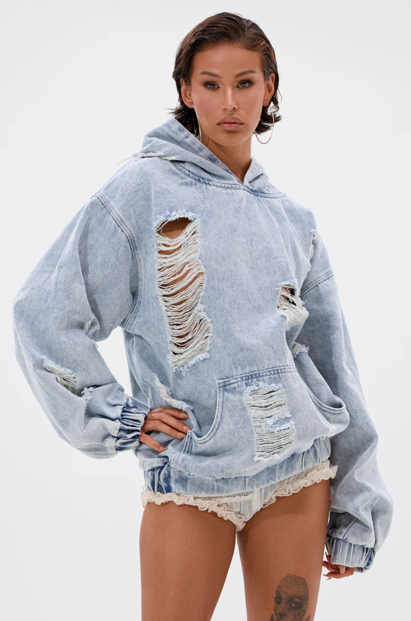TRINITY DISTRESSED DENIM HOODIE - Image 2