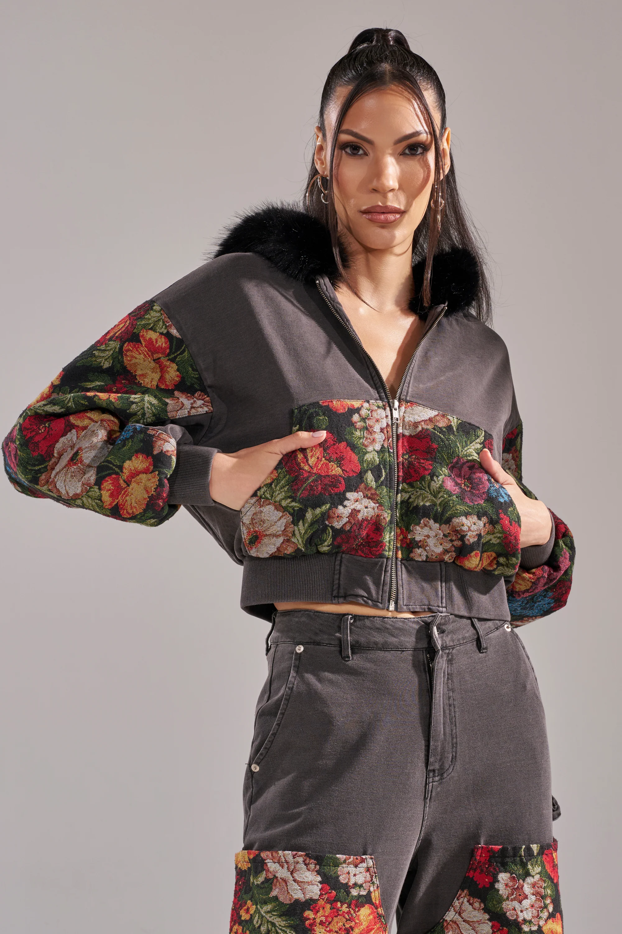 TRY ME FLORAL DENIM ZIP UP SWEATSHIRT - Image 4