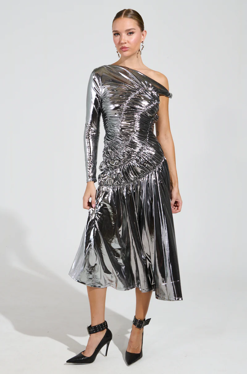 TURN BACK TIME SILVER METALLIC MIDI DRESS - Image 3