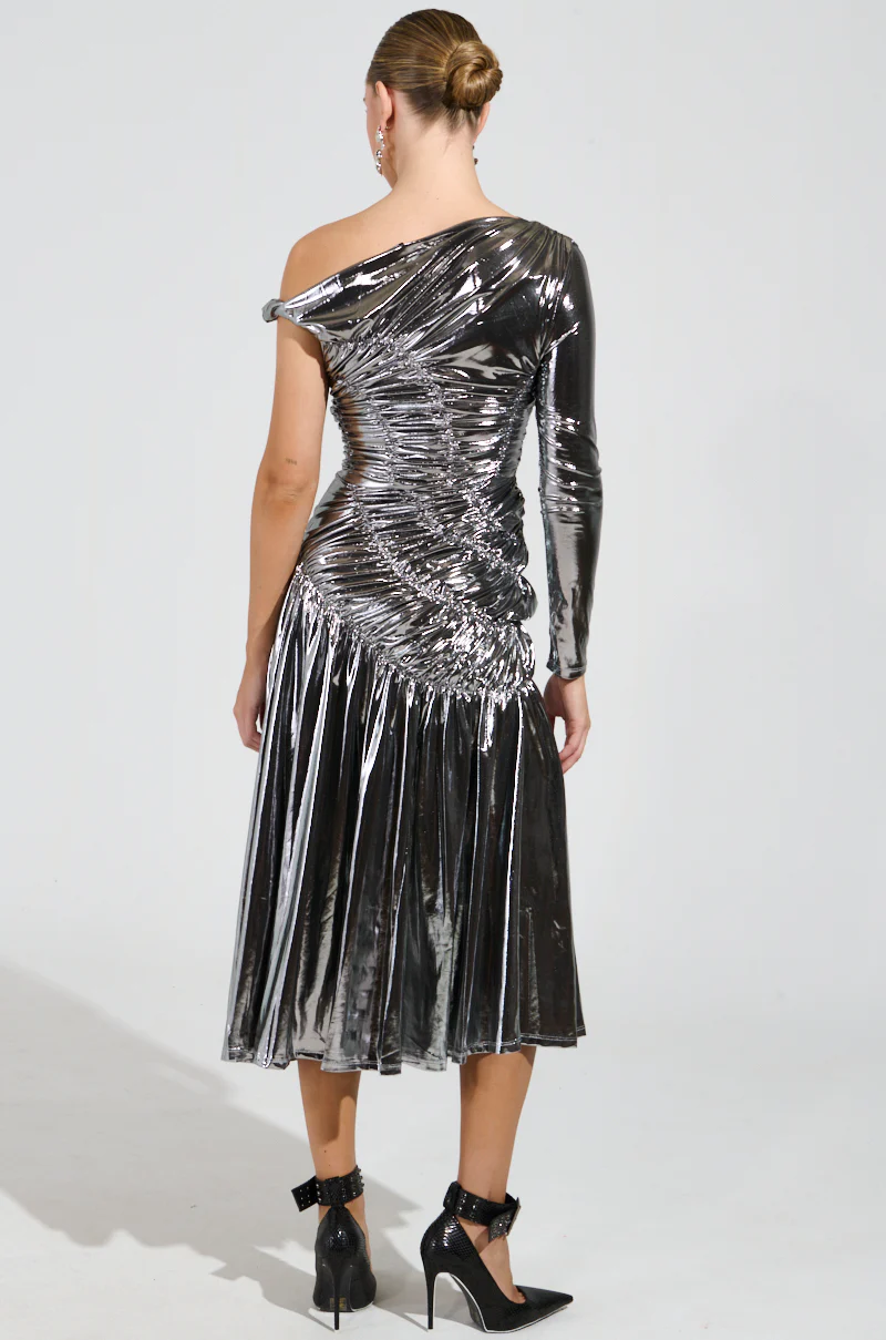 TURN BACK TIME SILVER METALLIC MIDI DRESS - Image 6