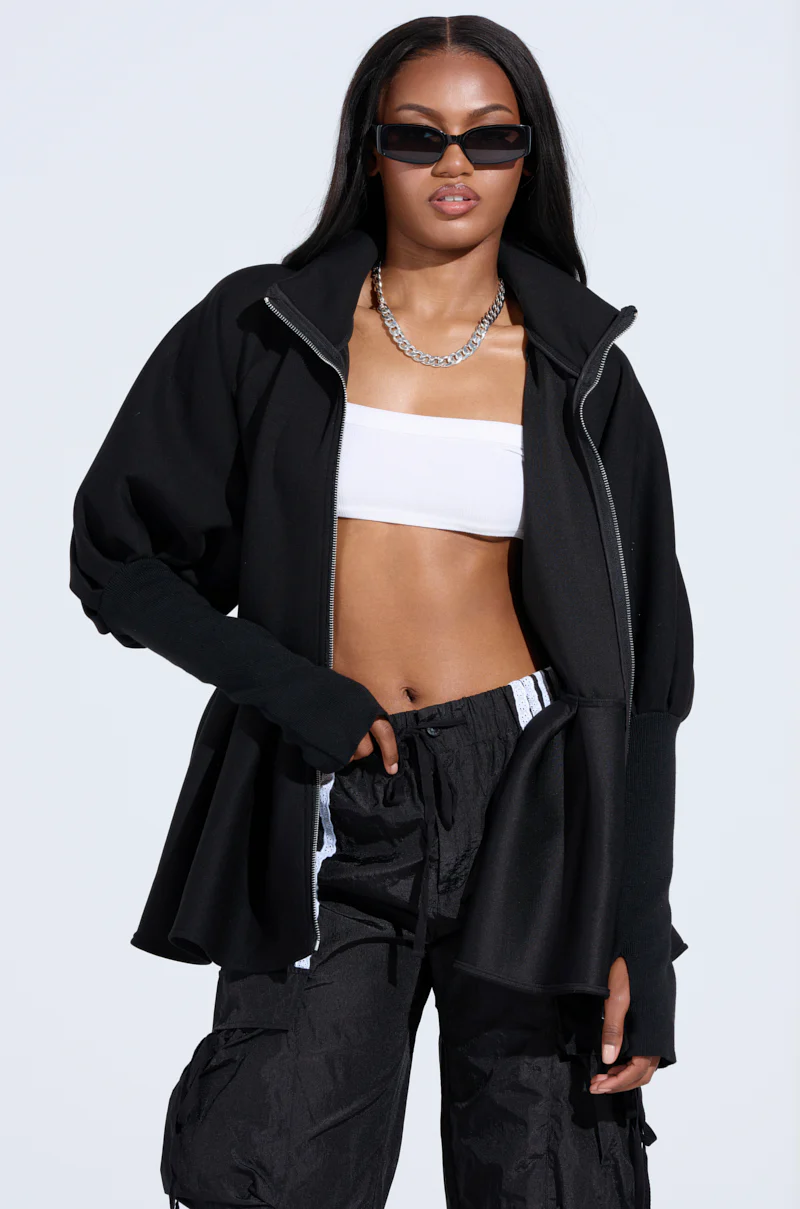 TWIN FLAME PEPLUM BOMBER IN BLACK - Image 2