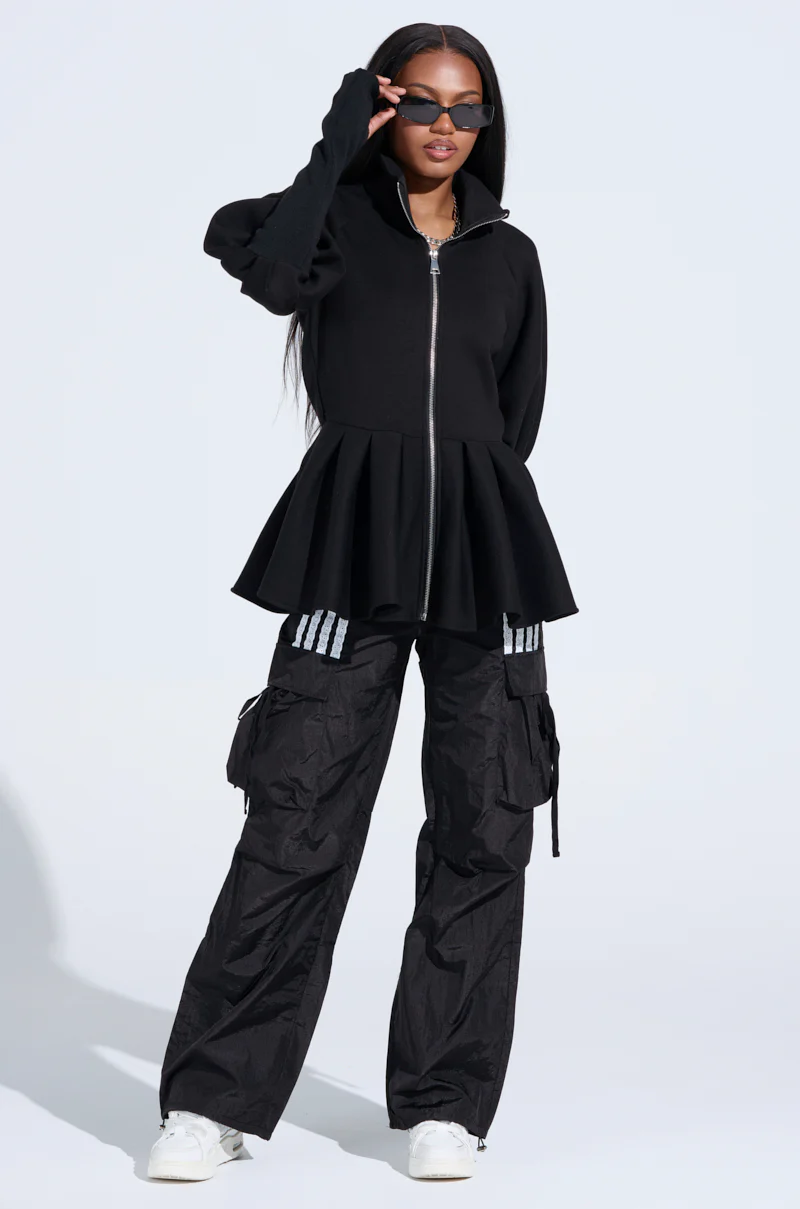 TWIN FLAME PEPLUM BOMBER IN BLACK - Image 8
