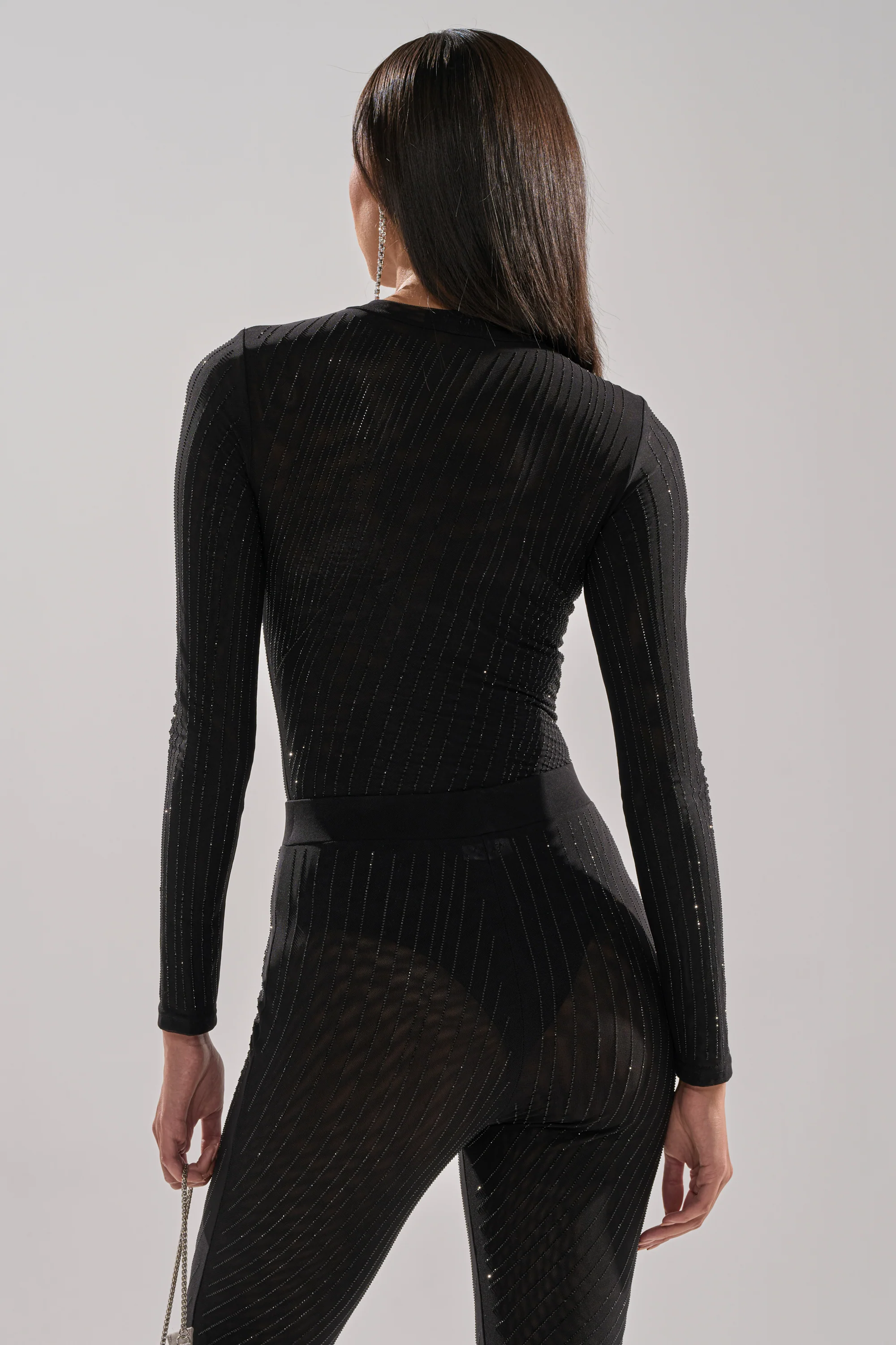 TWINKLING LIGHTS RHINESTONE LONG SLEEVE MESH BODYSUIT IN BLACK - Image 15