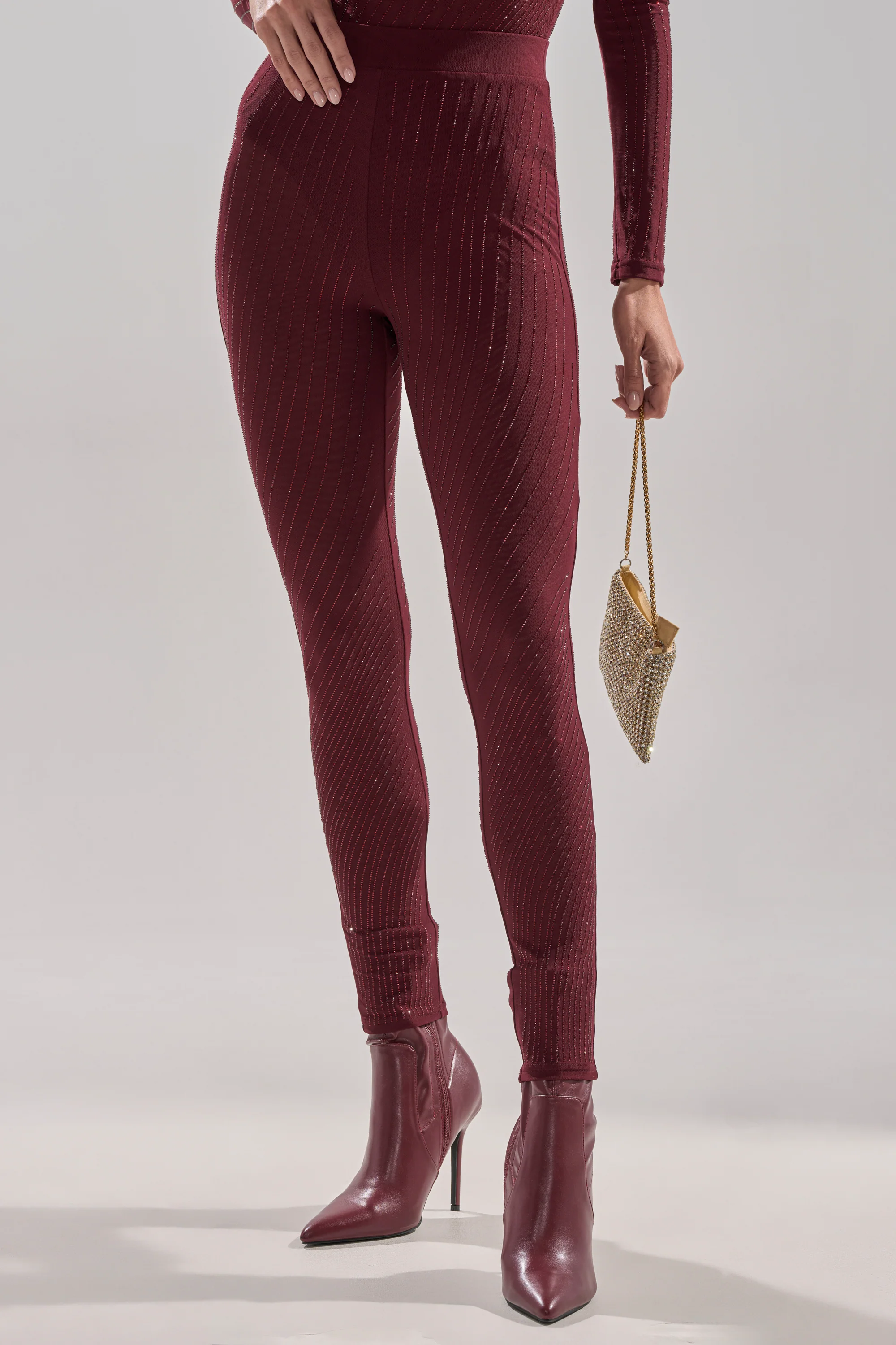 TWINKLING LIGHTS RHINESTONE MESH LEGGINGS IN BURGUNDY - Image 11