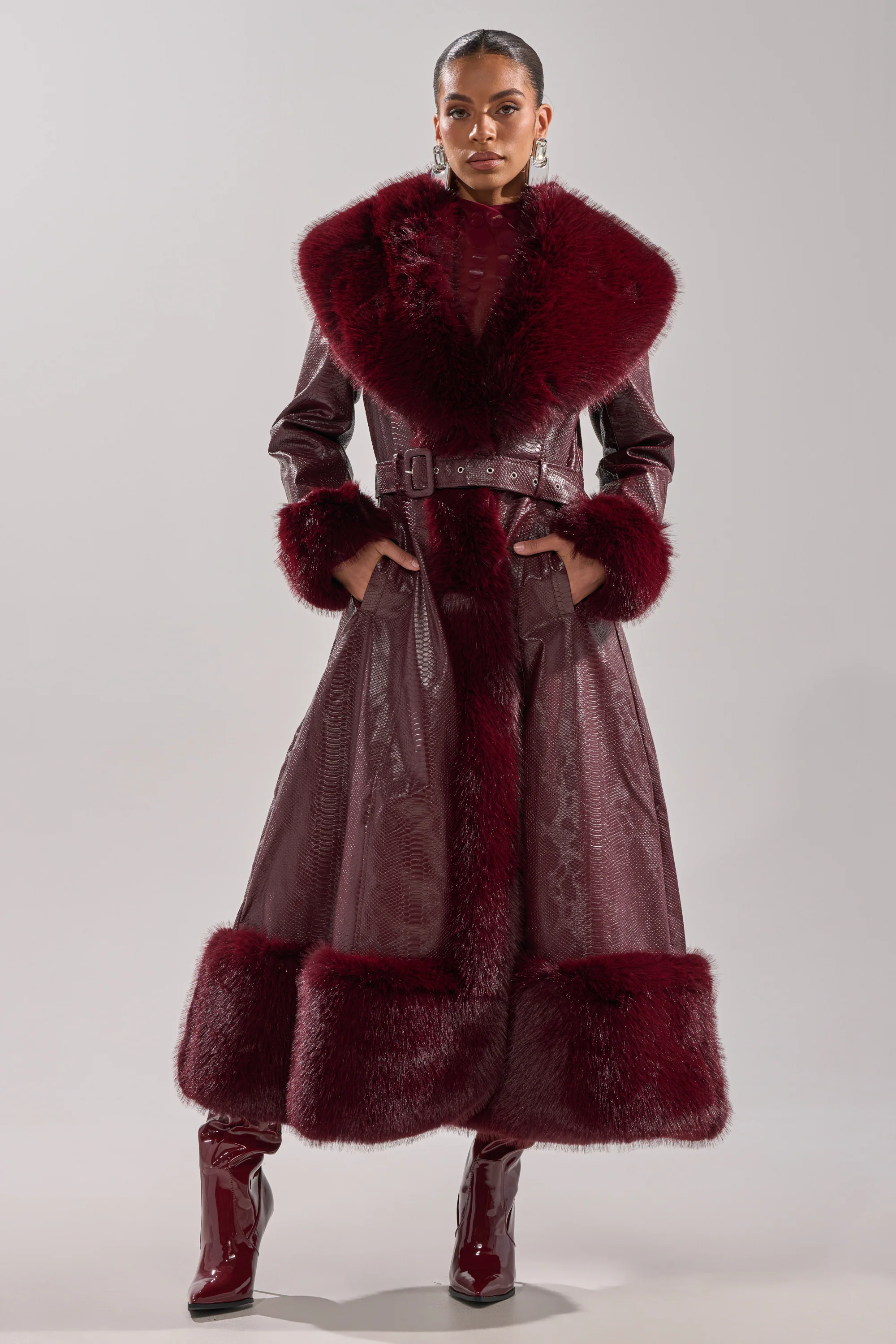 VIVIAN FUR TRIM TRENCH IN BURGUNDY - Image 3