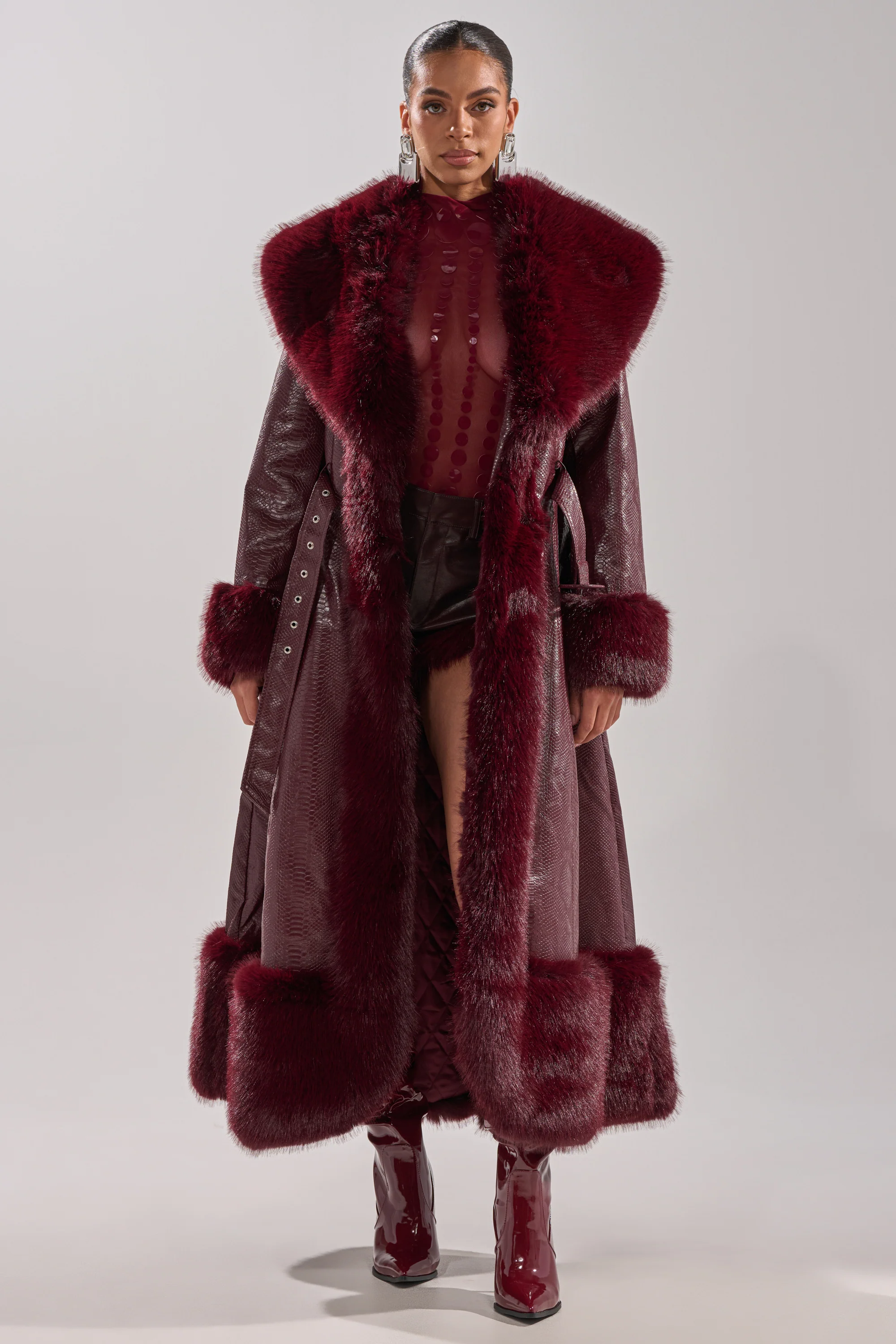 VIVIAN FUR TRIM TRENCH IN BURGUNDY - Image 7