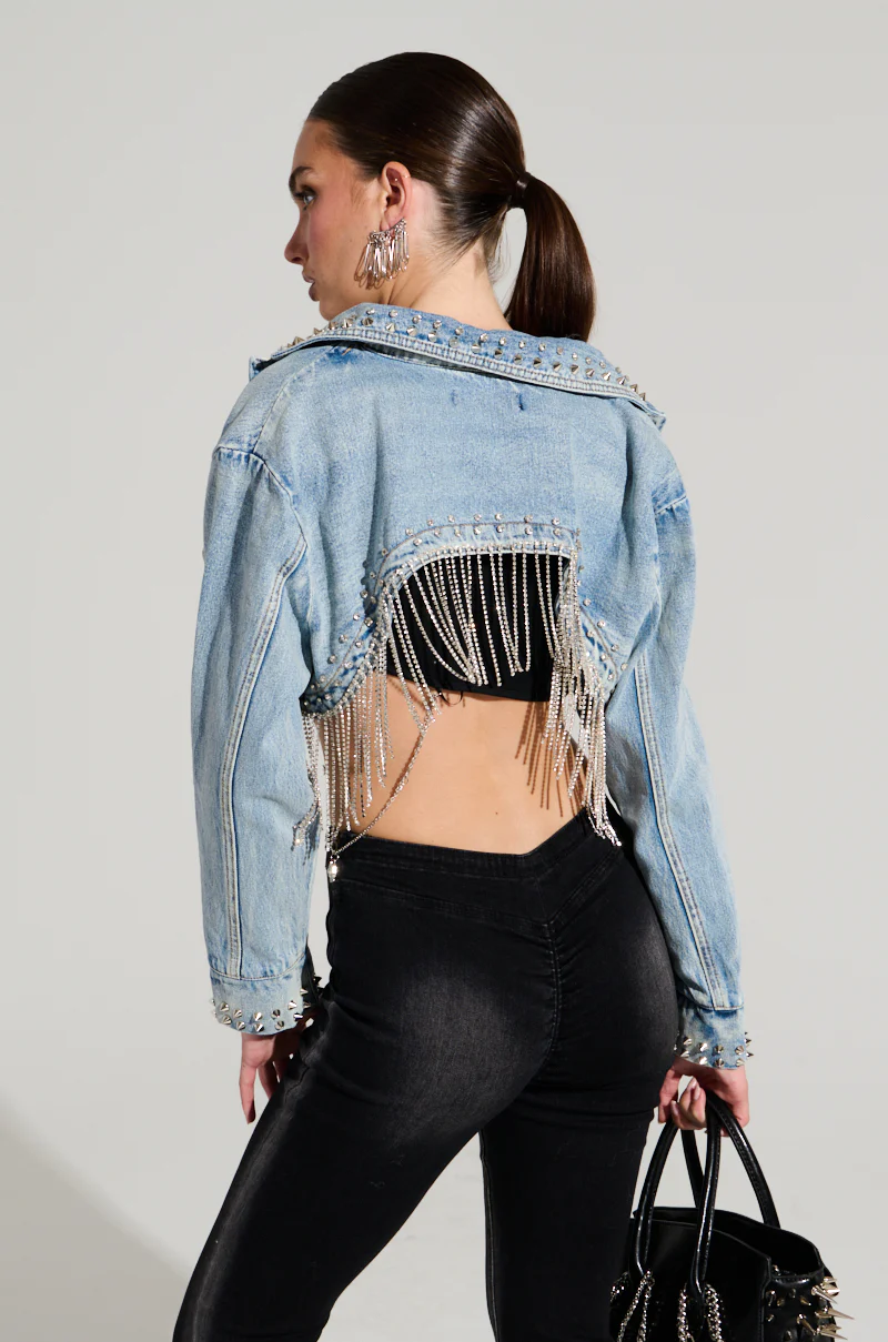 WATERFALL RHINESTONE CROPPED DENIM JACKET - Image 4