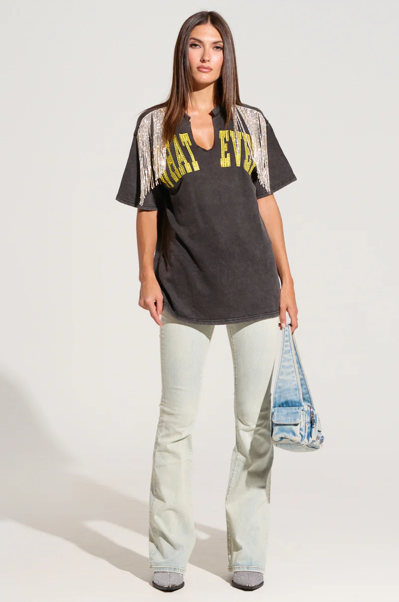 WHATEVER BABES RHINESTONE FRINGE TSHIRT IN GREY - Image 5
