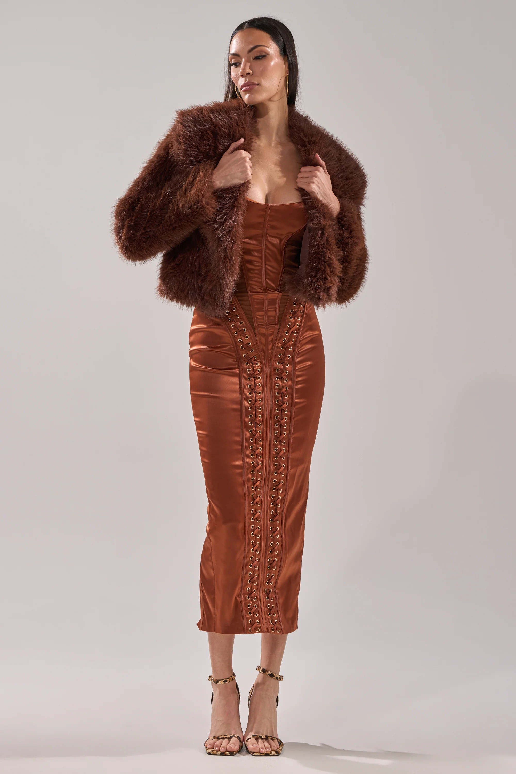 WOAH BABY SATIN MIDI DRESS IN CHOCOLATE - Image 5