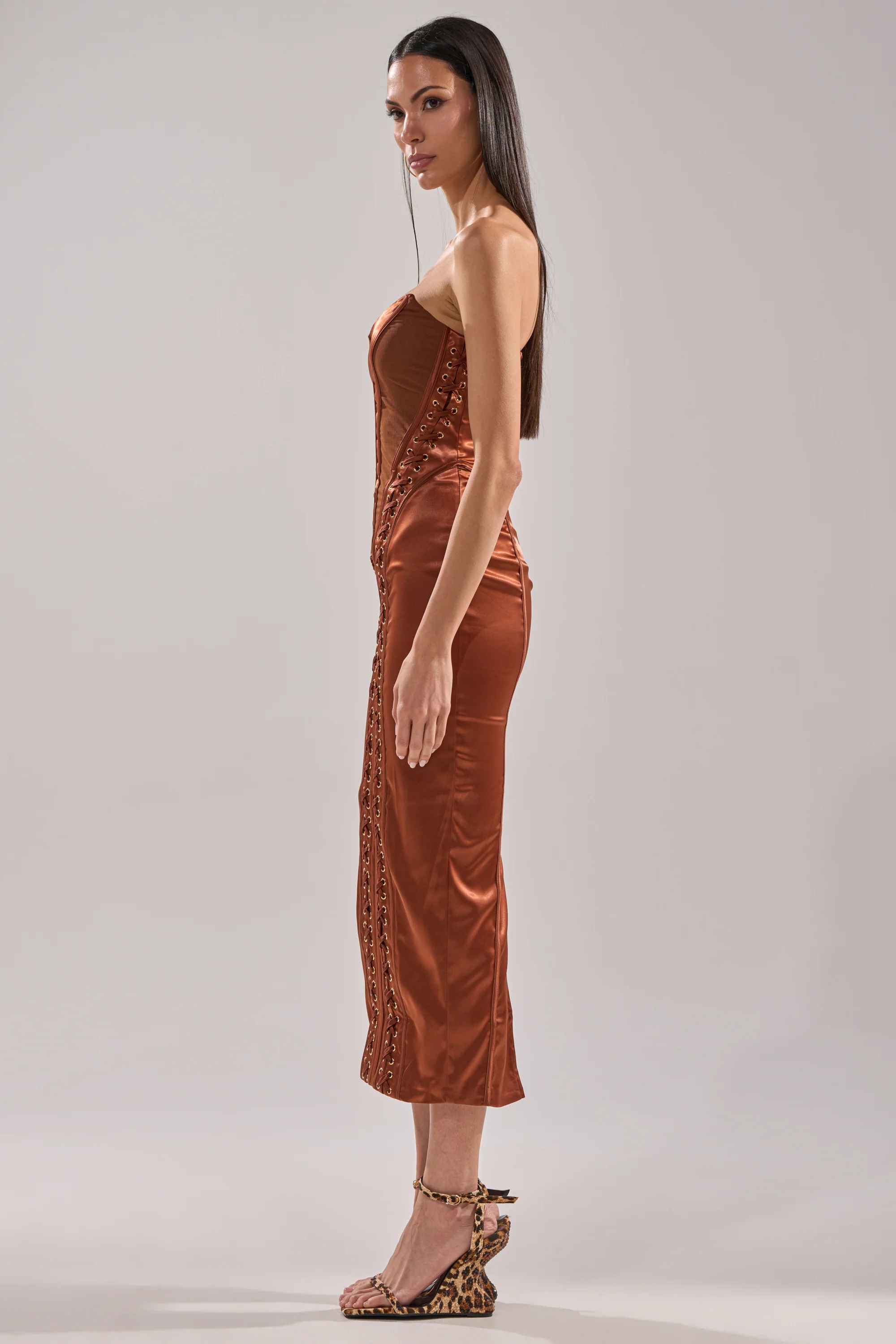WOAH BABY SATIN MIDI DRESS IN CHOCOLATE - Image 7