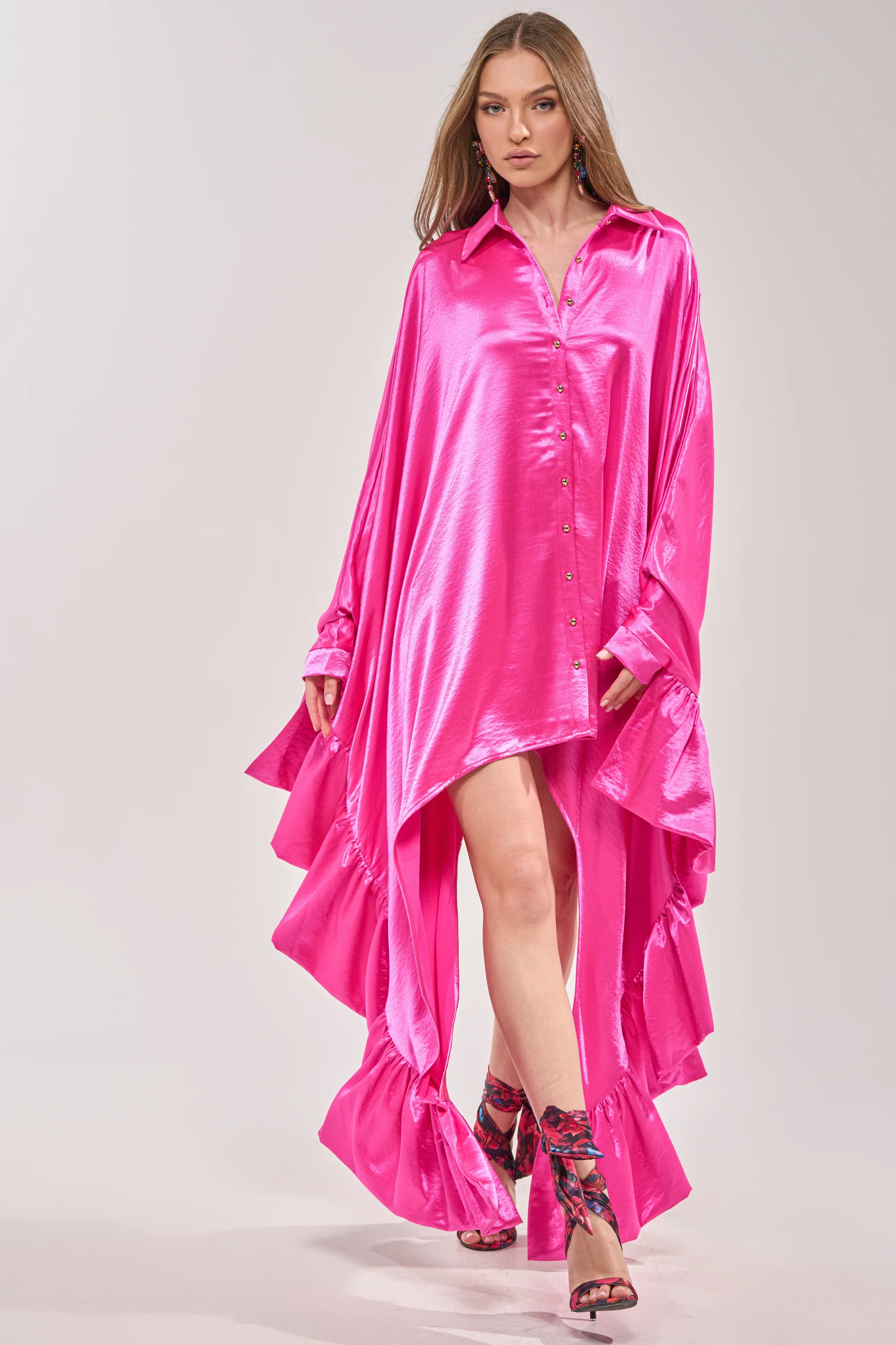 WONDERLUST SATIN LONG SLEEVE MINI DRESS IN PINK - Image 4