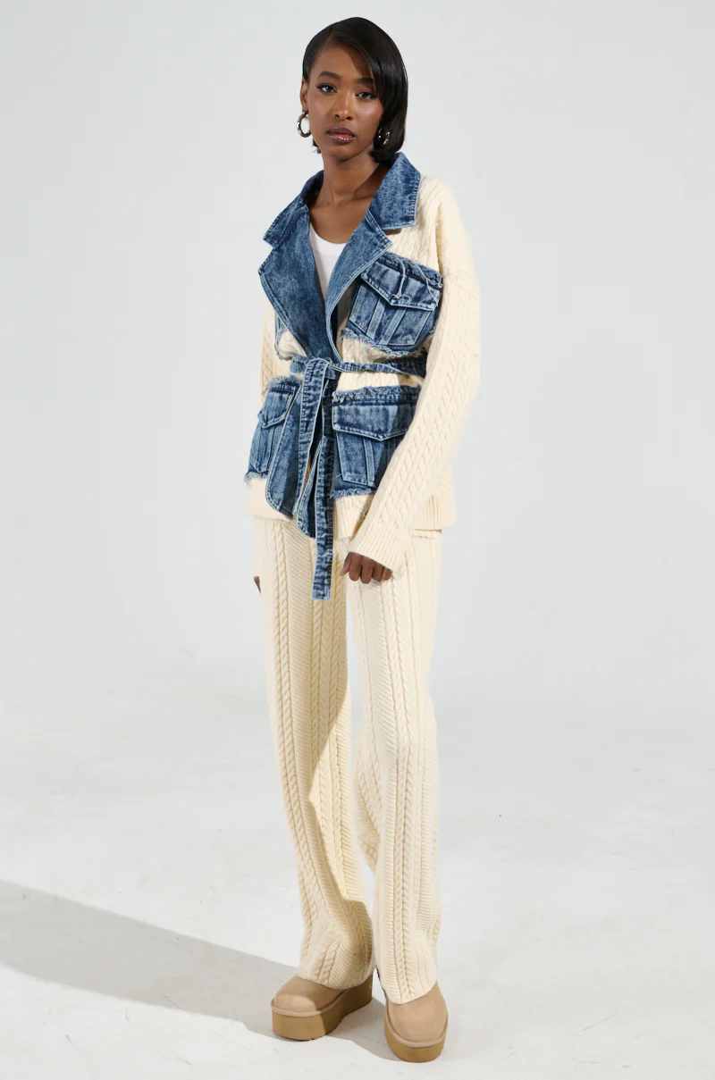 WORTHY OF LOVE CABLE KNIT TIE WAIST CARDIGAN IN CREAM - Image 7