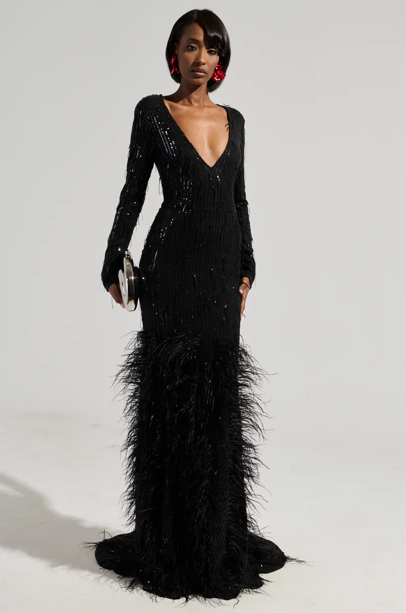 YOURS TRULY FEATHER SEQUIN EMBELLISHED MAXI DRESS - Image 4